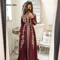 fashion burgundy moroccan kaftan evening dresses embroidery appliques long evening dress full sleeve arabic muslim party dress
