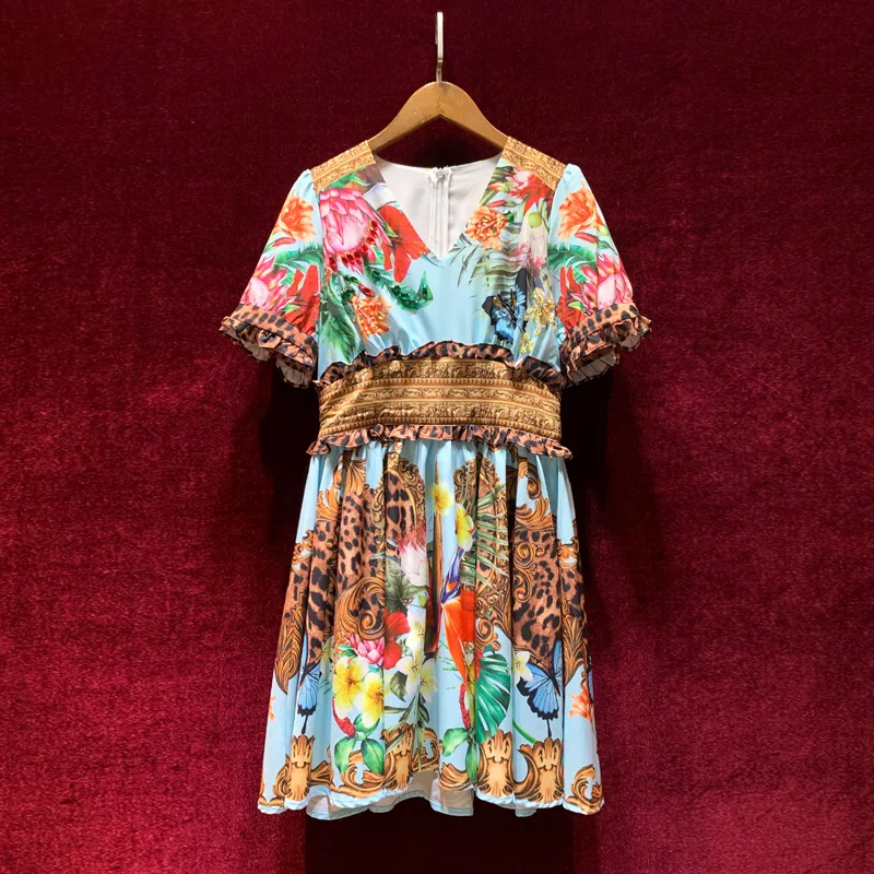 

European and American women's wear spring 2022 new Short-sleeved v-neck court flower leopard print Fashionable pleated dress