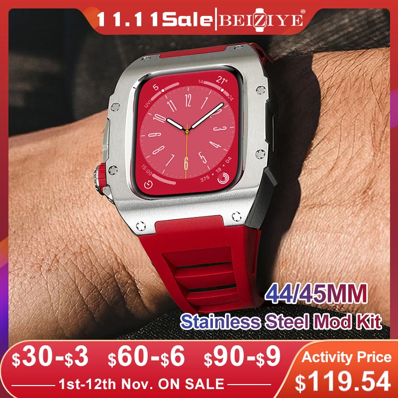 

Комплект для модификации, металлический чехол для Apple Watch Series 8 7 6 54 44 45 мм, мужской чехол для iWatch Series SE, роскошный набор с резиновой стальной ра...