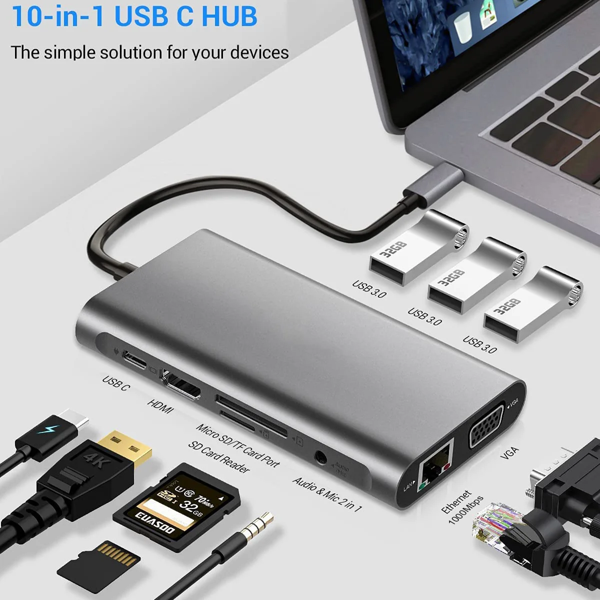 Adattatore Hub USB C con 1000M RJ45 Ethernet VGA 4K HDMI Dual Monitor PD 3.0 lettore di schede di ricarica Audio Mic per MacBook Pro/Air