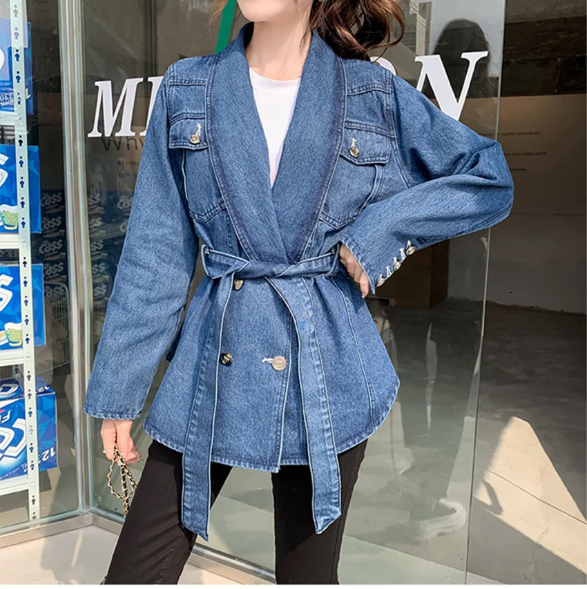 

JSXDHK New Fashion Spring Autumn Denim Outerwear Chic Women V Neck Double-Breasted Long Sleeve Female Pockets Jean Jacket Coat