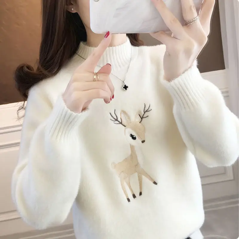 

EBAIHUI Christmas Sweater Women Faux Mink Cashmere Half High Collar Pullover Fleece Winter Clothes Embroidery Deer Warm Jumper