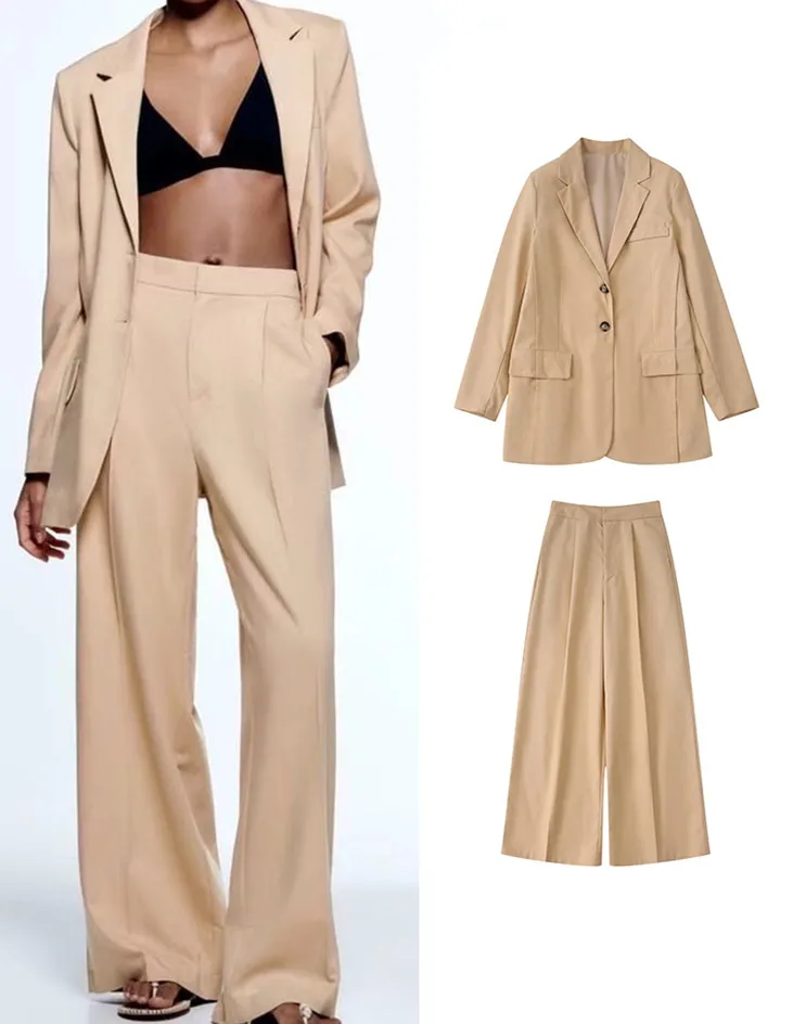 

2022 Ladies Blazer Suit Sets Single Breasted Solid Jackets+Zipper Wide Leg Long Pants Basic Notched Causal Outfits Two Pcs