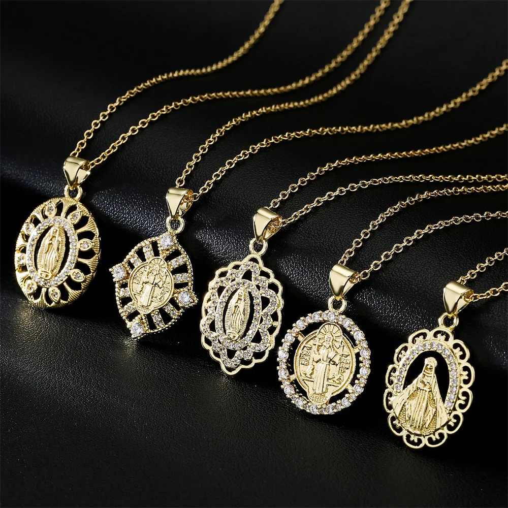 

18K Gold Plated Religious Pendant Copper Micro Inlaid Zircon Virgin Mary Jewelry Essentials [object Object] Necklace Set Nezuko