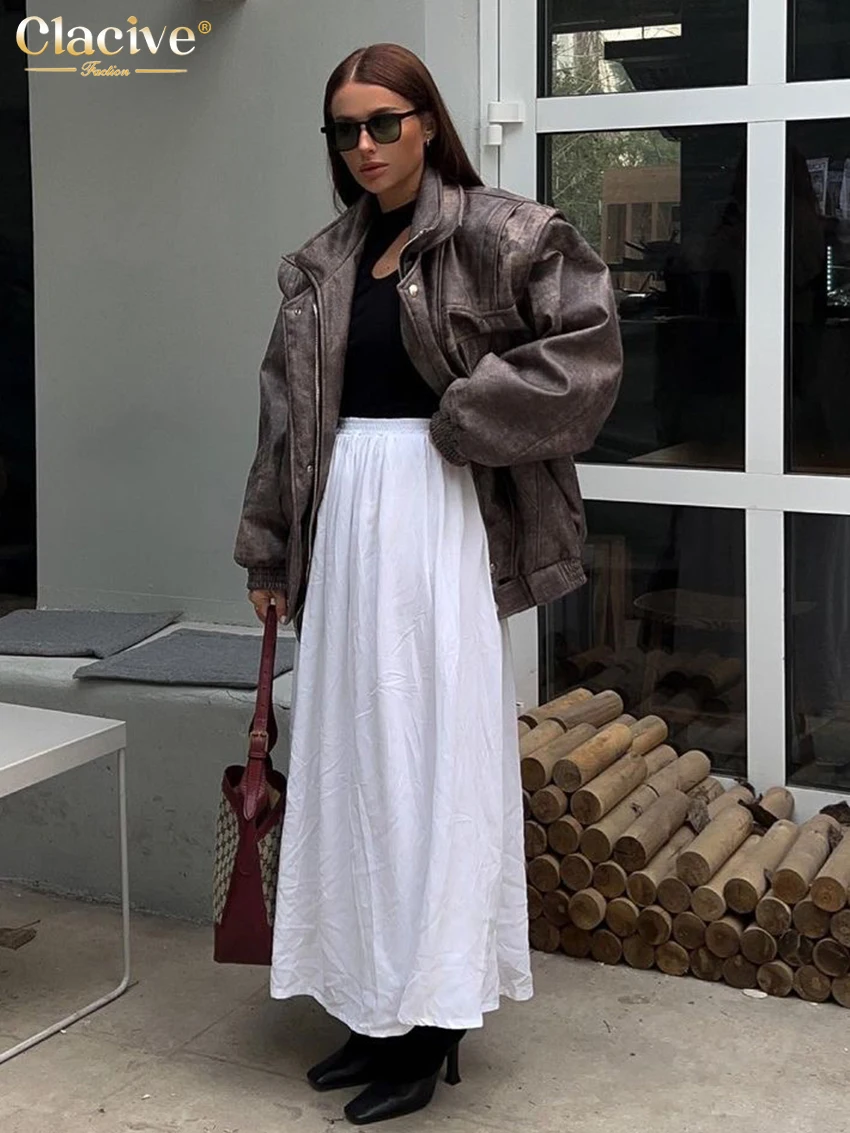 

Clacive Fashion White Rayon Women'S Skirt 2023 Elegant Loose High Waist Long Skirt Casaul Classic Pleated Skirts Female Clothing
