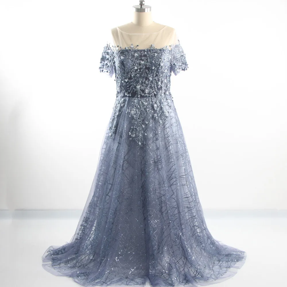 

Evening Dresses Haze Blue illusion O-neck Appliques Beading Short Sleeves Lace up Plus size Floor Length Women Party Dress B312