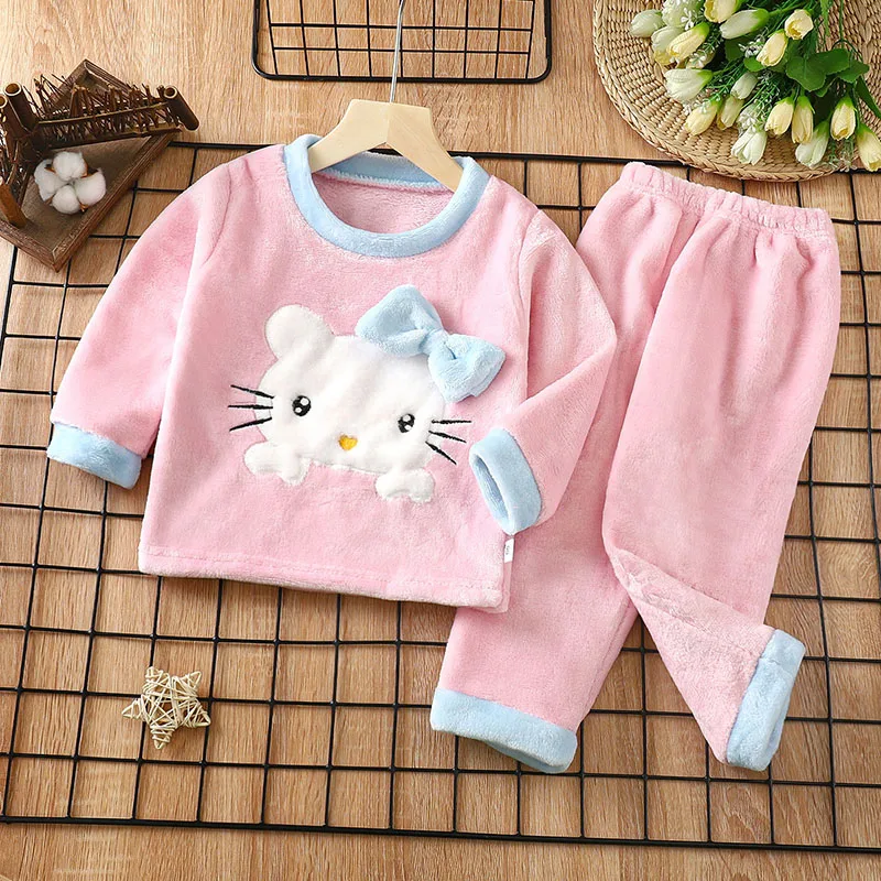 

Kawaii Sanrio Hellokitty Plush Pajamas Cartoon Anime Flannel Child Pajamas Two-Piece Thickened Warm Autumn Winter Homewear Set