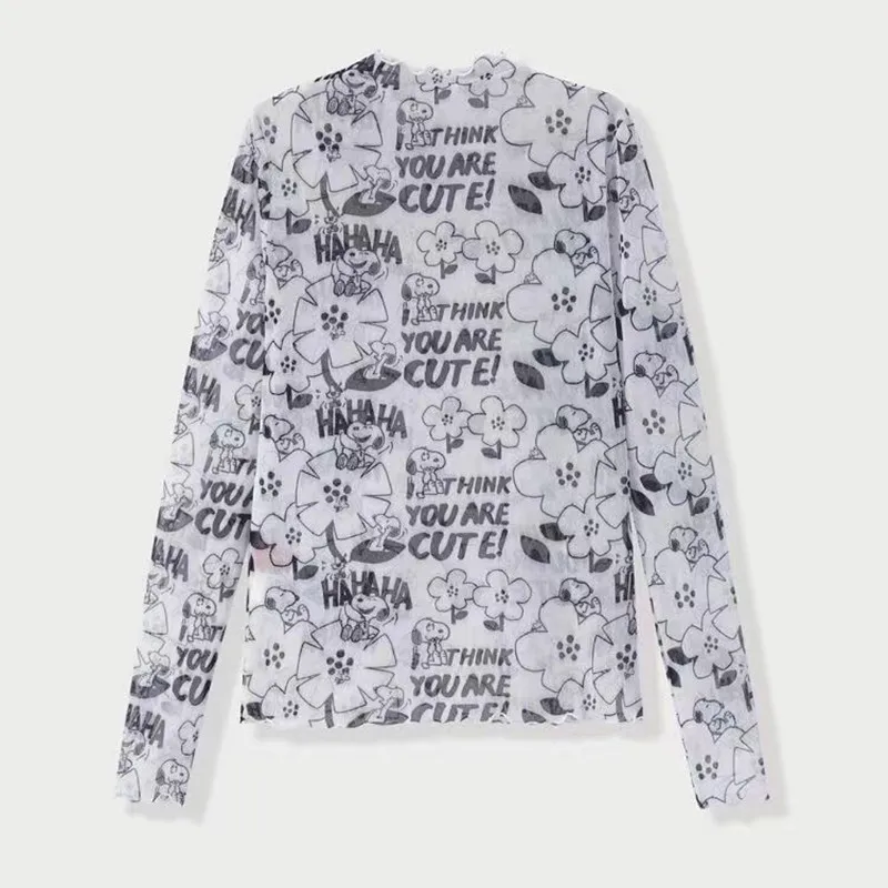 

Тонкая сетчатая прозрачная блузка с принтом, топы, одежда, верхняя одежда без подкладки, сетчатая корейская модная куртка с длинным рукавом