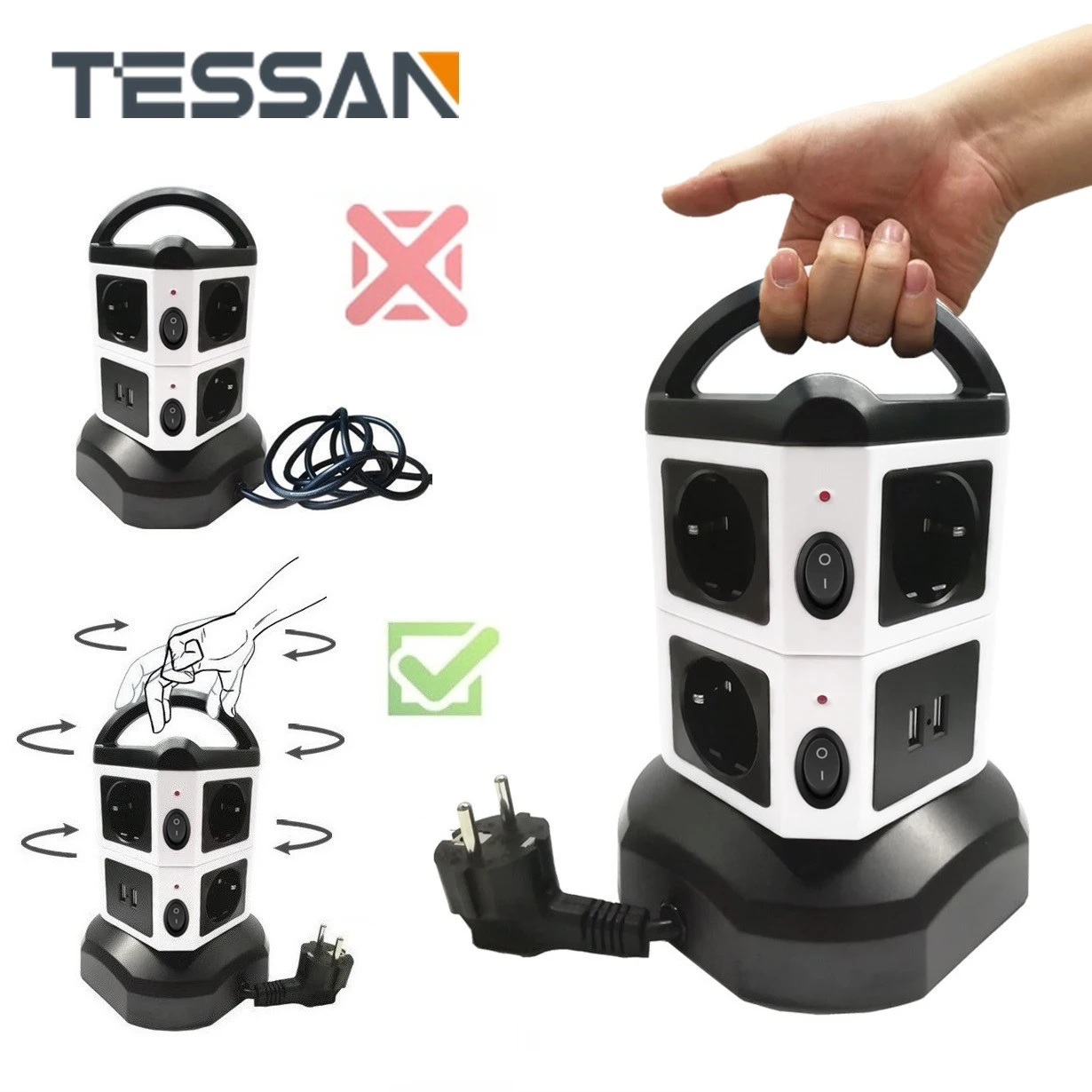 

TESSAN EU Multiple Plug Power Strip Vertical Tower Socket with 6/10/14 Outlets 4 USB Independent Switches 2M Cable for Home