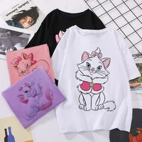 disney summer new solid color ladies t shirt comic mary cat round neck short sleeve t shirt casual loose sports top t shirt 2022