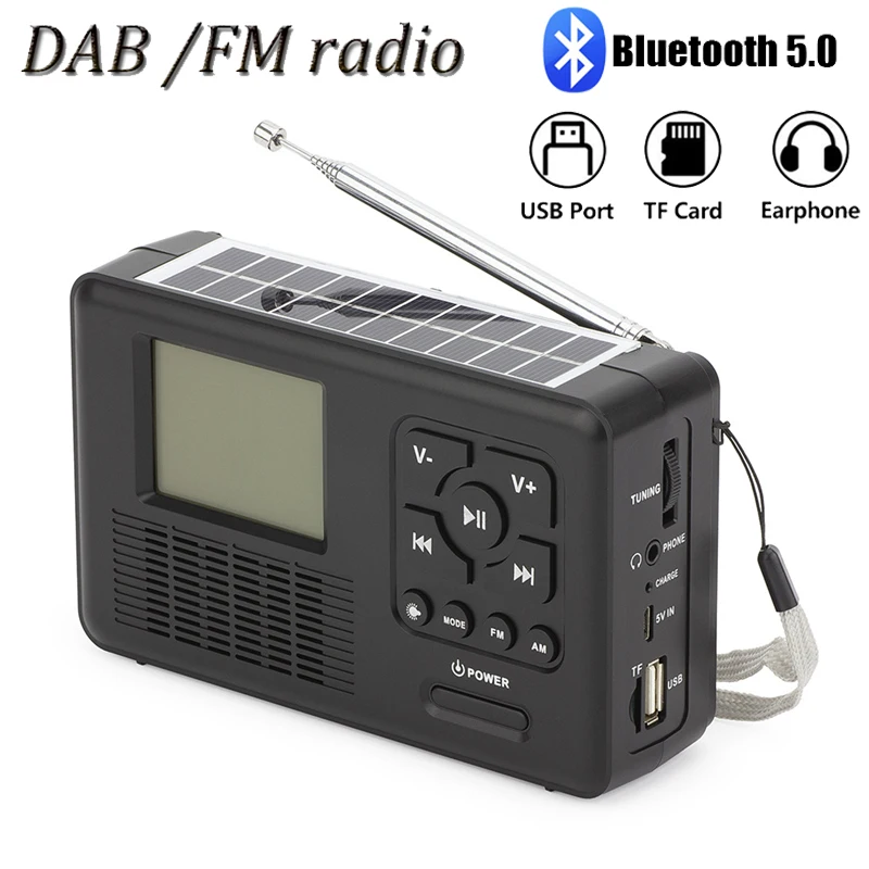 

Портативный мини-радиоприемник DAB/FM на солнечной батарее, Bluetooth-колонка с ЖК-дисплеем TFT, фонариком, поддержкой TF-карт/USB/наушников
