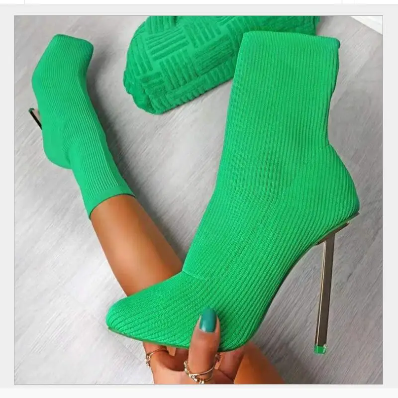 

Cozok Metal Blade Heels Socks Boots Women Stretch Fabric Elastic Stilettos Heel Pointed Toe Ankle Boots Shoes Woman Boats
