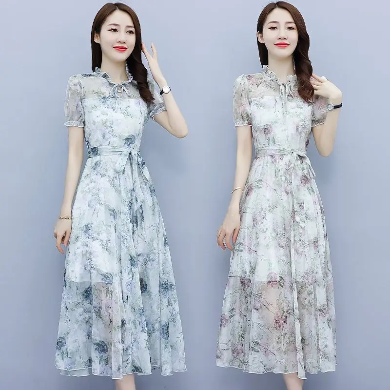 

Chiffon Floral Dress 2022 Summer New Womens Long Large Swing Temperament Women Dress Blue Purple