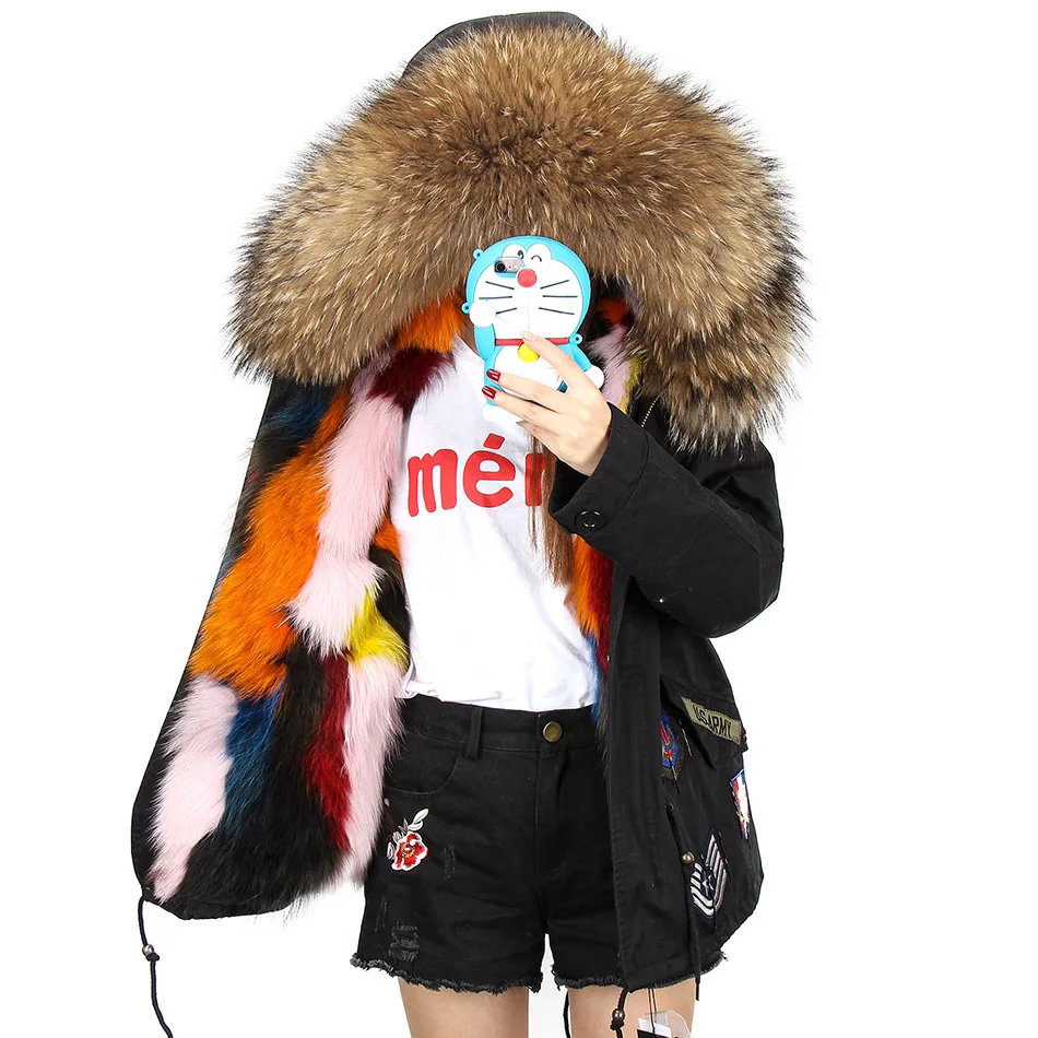 MAOMAOKONG Women's winter coats embroidery fur coat Natural real fox fur removable lining Fur collar parka jacket enlarge