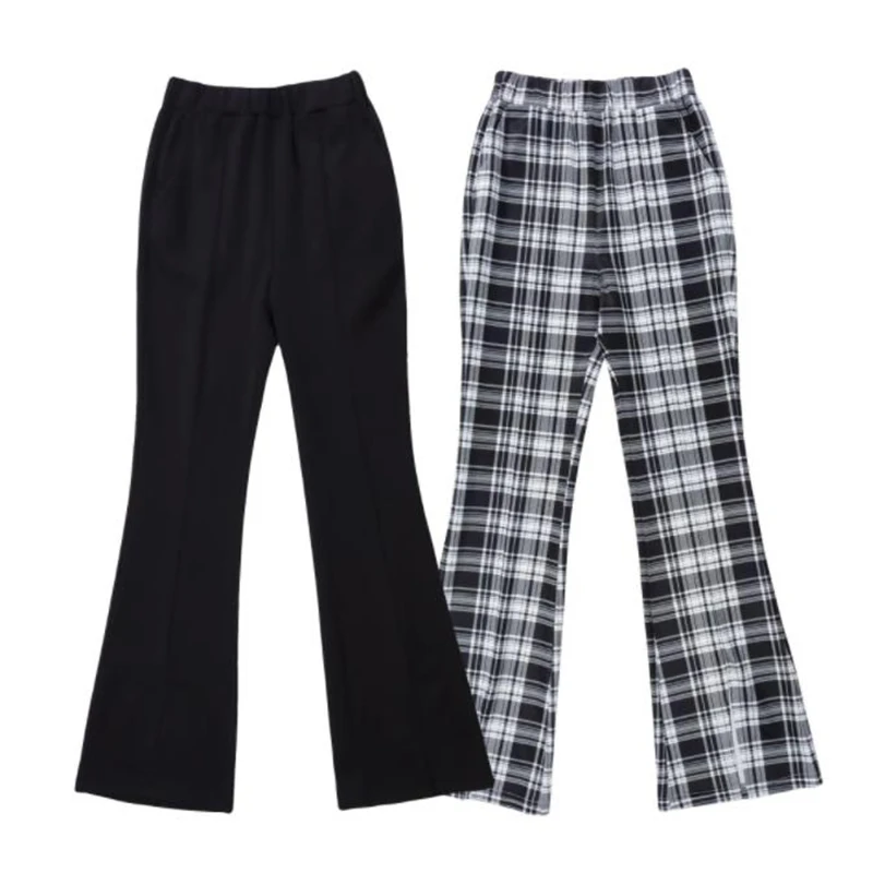 

Women's Fashion New Thin Wide Legs Casual Check Flared Pants Polyester Trousers 2022 Spring and Autumn