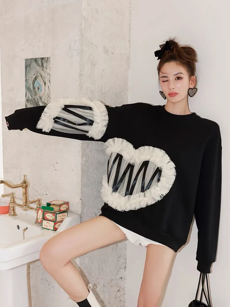 

Женская модная черная свободная толстовка с капюшоном, осенние толстовки с круглым вырезом, сетчатые кружевные комбинированные топы с сердцем, осень 2022