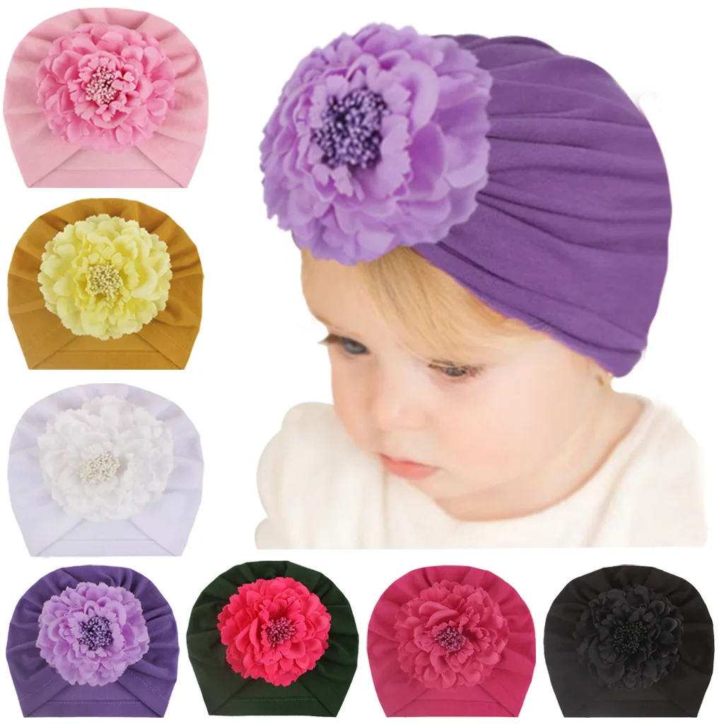 

Children's hat autumn and winter new baby simulation flower turban hat baby solid color hat