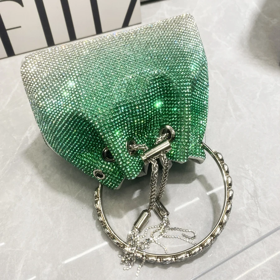 Luxury Shiny Dinner women's handbags new gradient color bucket bag tassel full diamond single shoulder crossbody bag tote bag