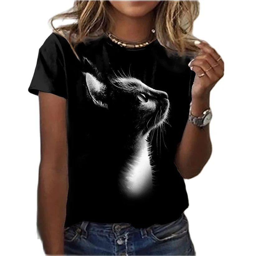 

Women's 3D cat paint T-shirt, 3D cat animal print crew neck basic black T-shirt, women's casual oversized T-shirt