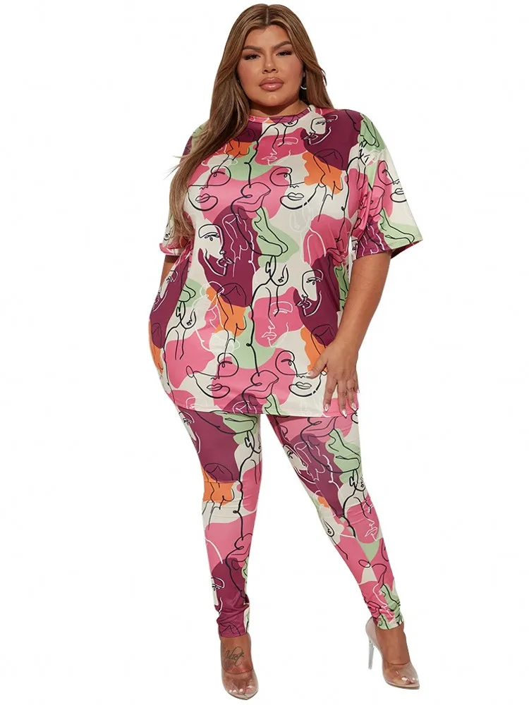 

Женский летний комплект из 2 предметов, элегантный повседневный костюм, Свободный Топ с круглым вырезом и принтом, облегающие брюки, комплект из двух предметов, женские комплекты