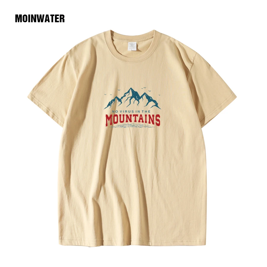

MOINWATER 2022 New Men Cool Summer T shirts Male Khaki Mountain Print Casual 100% Cotton Short Sleeve Tees Tops MMT2204
