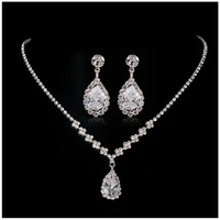 bright water drop rhinestone jewelry set full crystal silver plated pendant necklace earrings bridal banquet wedding jewelry set