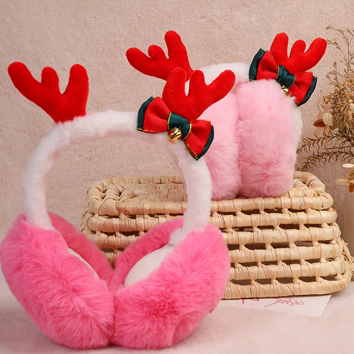 

Christmas Antler Earmuffs Deer Horn Bowknot Bell Ear Muffs Foldable Earflap Winter Ear Warmer Thickened Warm Plush Ear Cover