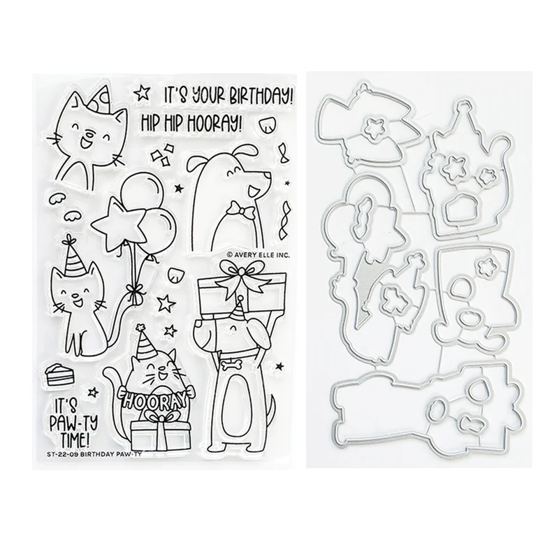 

New 2022 Metal Cutting Dies for Paper Making Clear Stamps Birthday Paw-ty Scrapbooking Embossing Frame Card Set