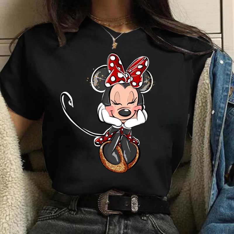 

Disney 2023 New Minnie Mouse T Shirt Kawaiii Women Tshirt Funny Top Tee Fashion Female T-shirts Streetwear Short Sleeve Clothes