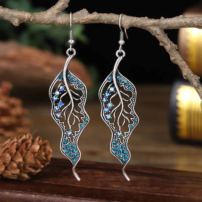 

New Vintage Ethnic Blue Leaf Earrings For Women Bohemian Metal Drop Punk Jewelry Hollow Handmade Statement Dangle Earring Bijoux