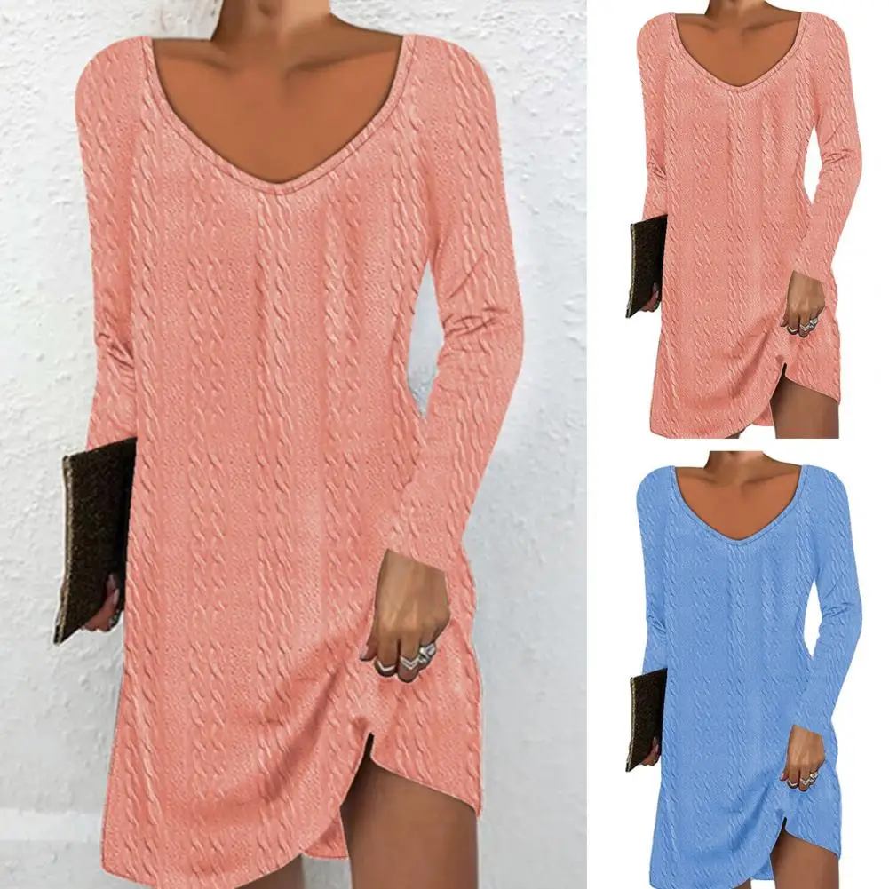 

Women Spring Fall Dress V Neck Solid Color Loose Sfot Casual Comfortable Pullover Above Knee Length Lady Mini Dress