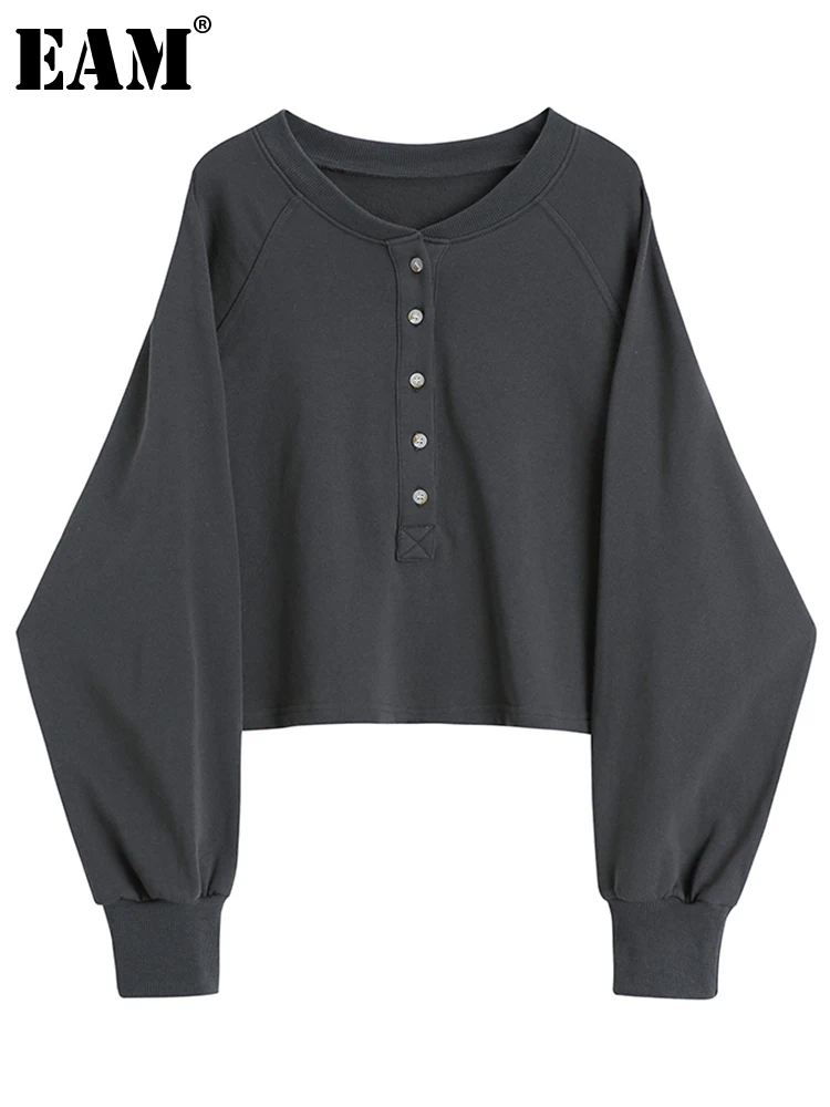 

[EAM] Loose Fit Gray Brief Big Size Sweatshirt New Round Neck Long Sleeve Women Big Size Fashion Tide Spring Autumn 2023 1DC482