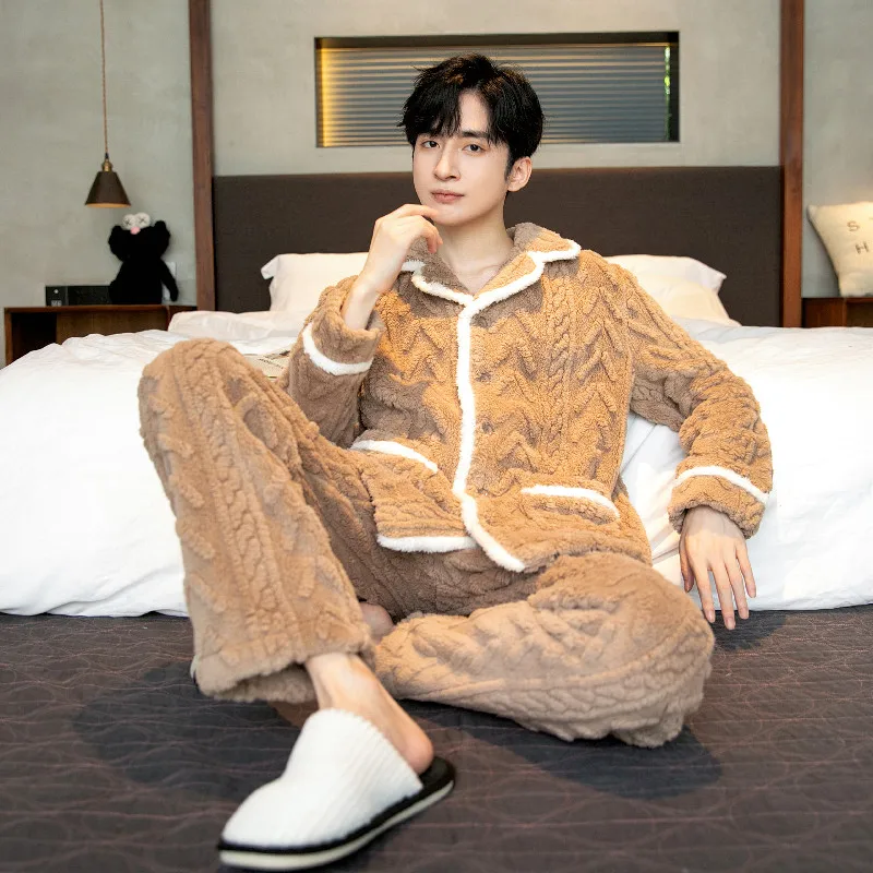 

QUHENG Thick Warm Flannel Men Pajama Sets Autumn Winter for Men Long Sleeved Trousers Coral Velvet Sleepwear Suit Home Clothes