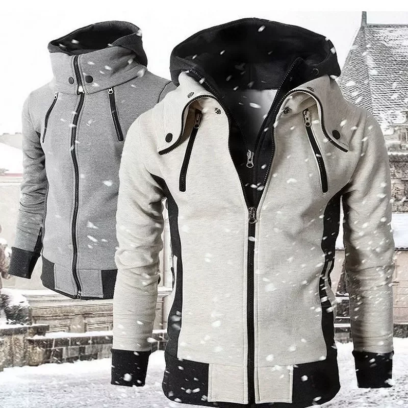 

2023NEW Zipper Men Jackets Autumn Winter Casual Fleece Coats Bomber Jacket Scarf Collar Fashion Hooded Male Outwear Slim Fit Hoo
