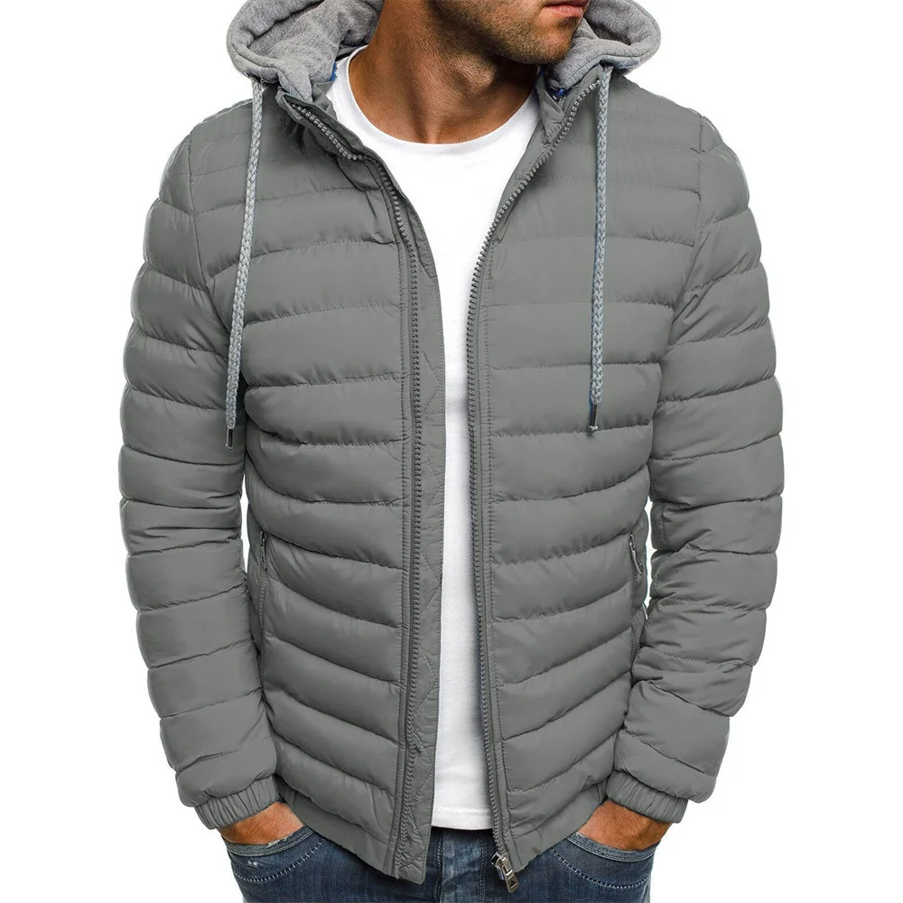 Autumn Winter New Men Cotton Jacket Hooded Thickened Down Jacket Coats Solid Color Hooded Long Sleeves Zip-Up Jackets Outer Wear