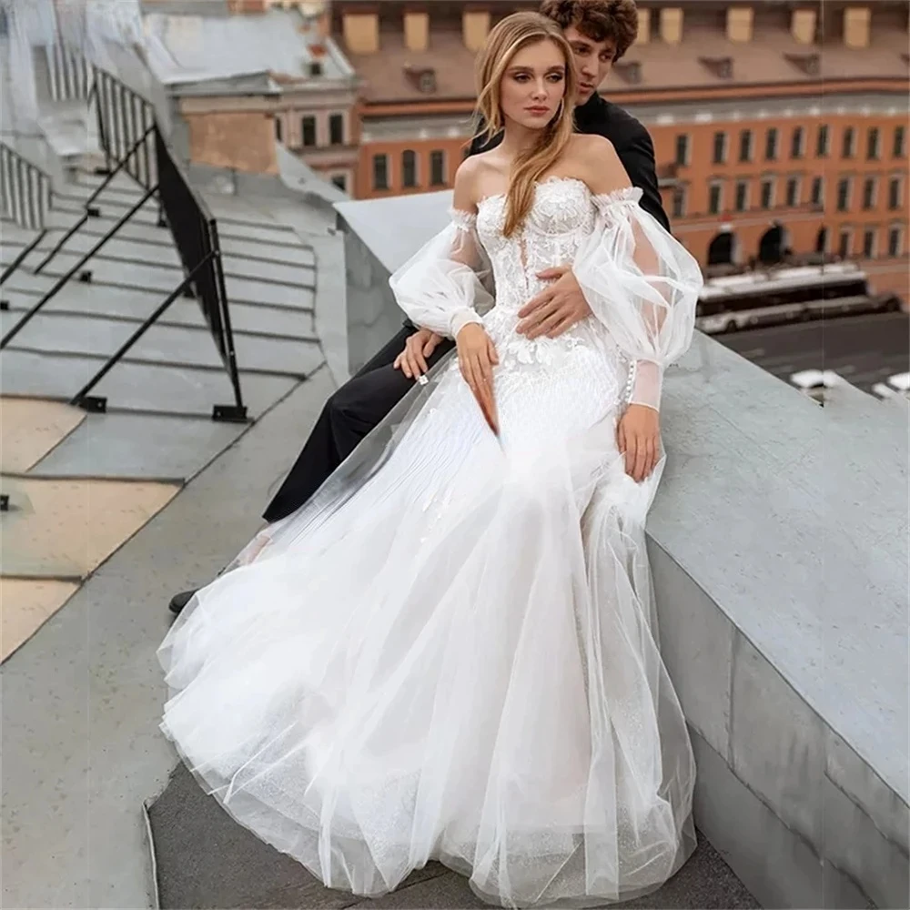 

Elegant A-Line Women's Wedding Dress Sweetheart Lace Applique Detachable Sleeves Bridal Gown Ruffles Tulle Robe De Soiree Custom