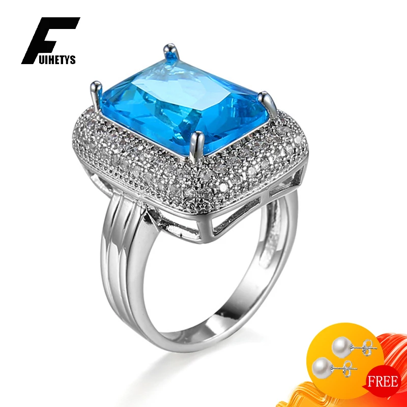 

Trendy Women Ring 925 Silver Jewelry Accessories Rectangle Sapphire Zircon Gemstone Finger Rings for Wedding Engagement Party