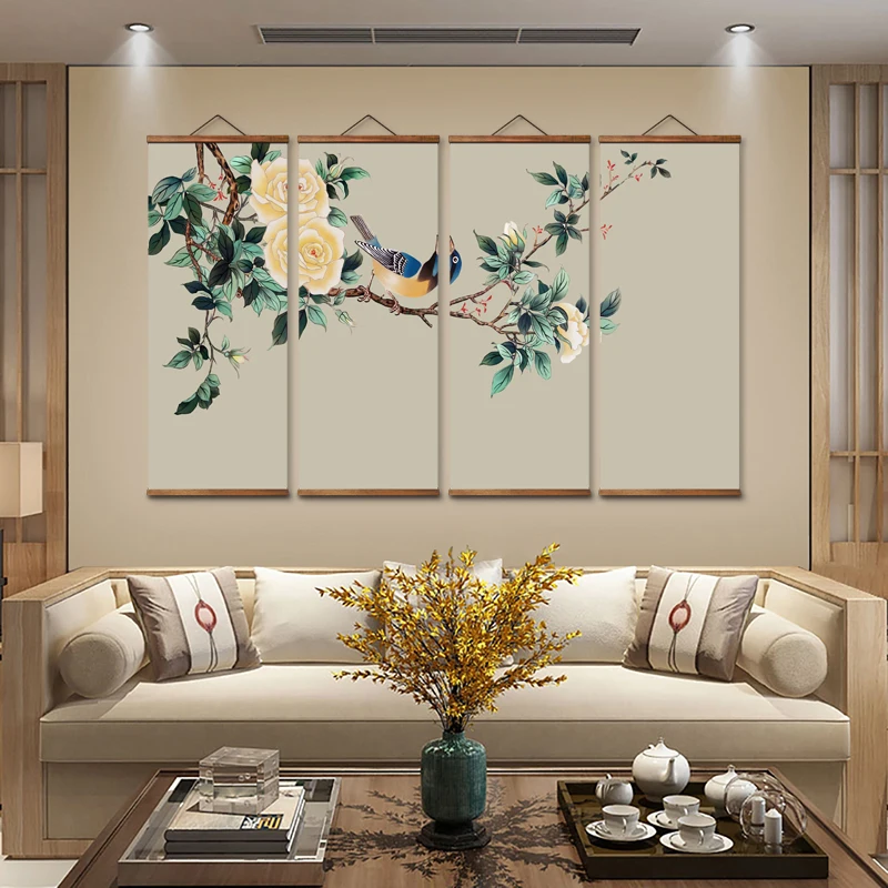 

MT0072 Chinese Style Flowers Bird Decorative Wall Art Canvas Posters Solid Wood Scroll Paintings