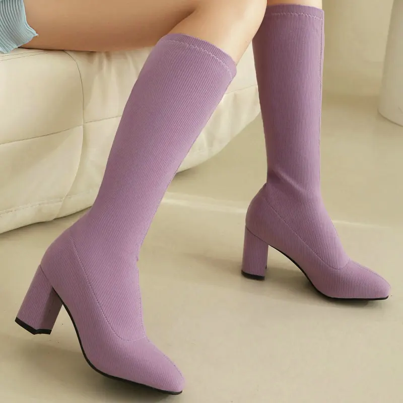 

Женские эластичные сапоги до колена, яркие, оранжевые, зеленые, фиолетовые носки из акриловой эластичной ткани, обувь на блочном высоком каблуке