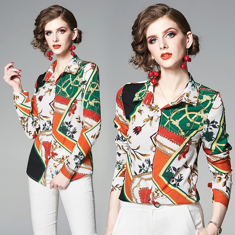 

Chiffon Women's Blouses Print Casual Plus Size Polo Shirt New Loose Long Sleeve Top Fashion Button Clothing Houthion