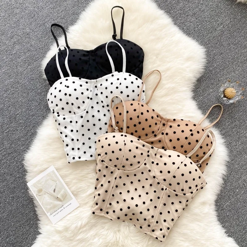 

Polka Dot Strap Tops Female French Sexy Sleeveless Elastic Ruched Slim Y2K Summer Fashion Korean Short Camisole gothic mujer