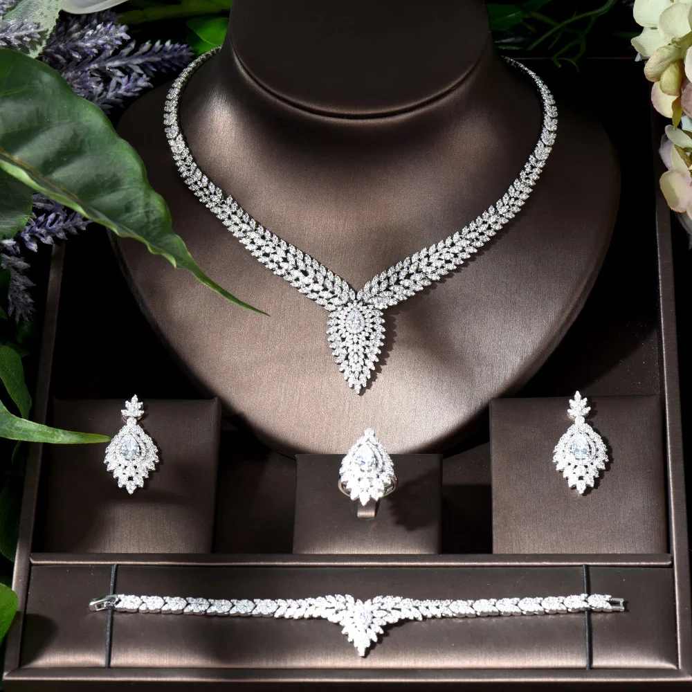 Fashion Nigeria 4pcs White Color Women Zirconia Jewelry Sets for Bridal Party Necklace Earring Set CZ Crystal Jewelry N-1155