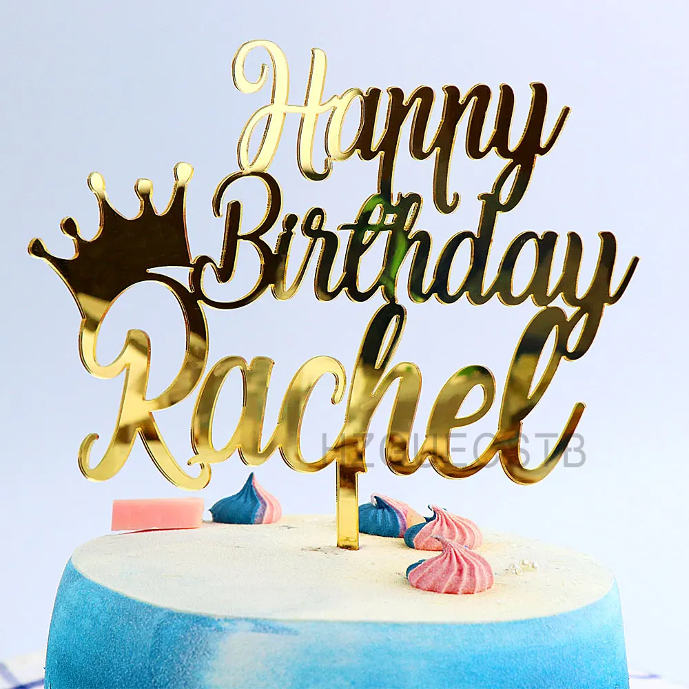 Personalized Happy Birthday Crown Cake Topper Custom For Girls Boys Acrylic Gold Mirror Birthday Party Decor