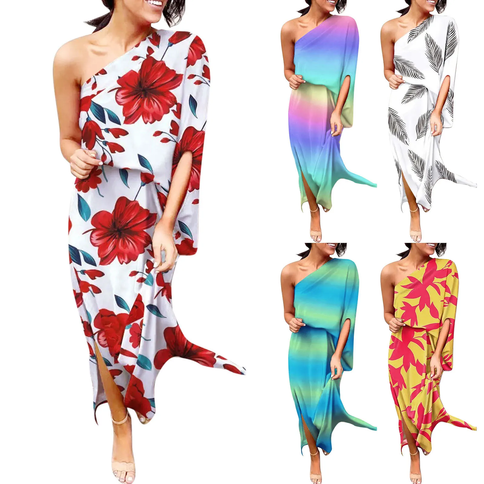 

Womens Floral Print One Shoulder Ruched Short Dress Butterfly Sleeve Asymmetrical Hem Wrap Front Party Dresses