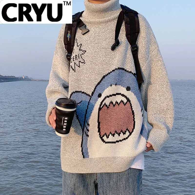 

CRYU Men Turtlenecks Shark Sweater Men 2023 Winter Patchwor Harajuku Korean Style High Neck Oversized Grey Turtleneck For Men
