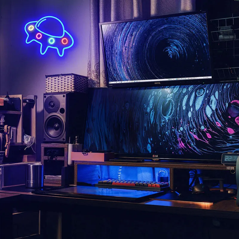 Неоновый светильник Alien знак космический корабль форма планеты игра ночник лампа