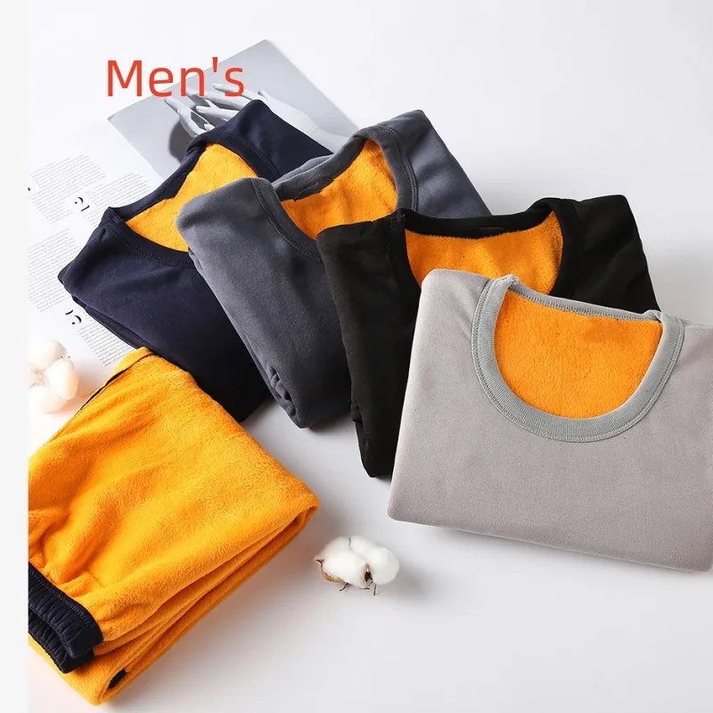 Winter Men's Warm Velvet Thermal Underwear Set Women Thick Solid O-Neck Tops Pants Two Piece Set Daily Cold-Proof Homewear Male
