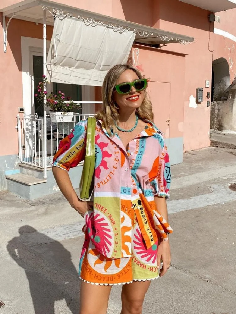 Женский комплект из двух предметов с гавайским принтом рубашка коротким рукавом