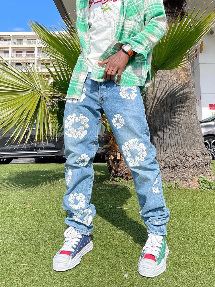 New Arrival Loose Straight Comfy Cotton Denim Pants Trousers Y2K Clothes Streetwear Casual Fashion Flowers Printed Jeans For Men