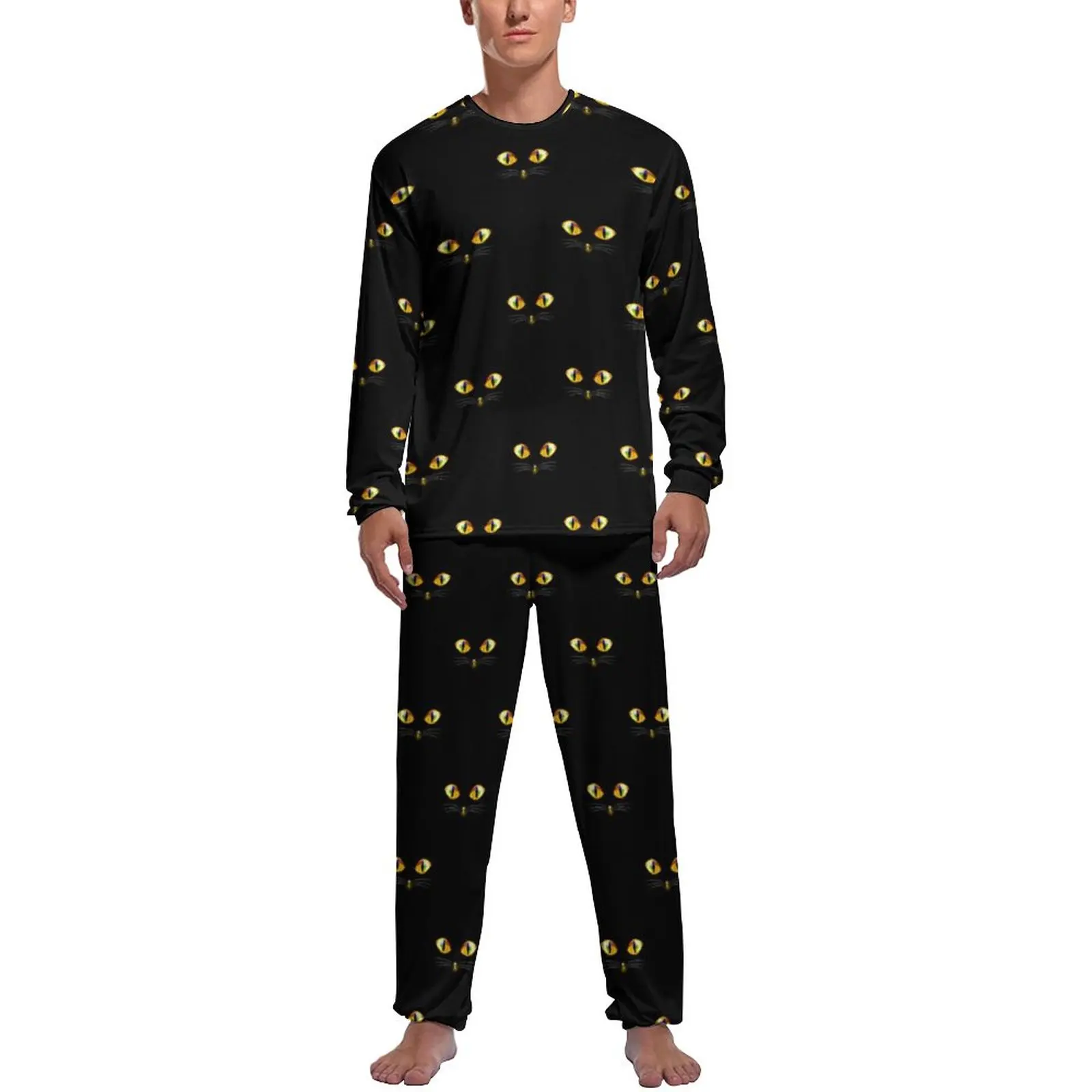 Cat Eyes Print Pajamas Funny Halloween Men Long-Sleeve Soft Pajama Sets Two Piece Room Spring Custom Nightwear Gift Idea